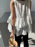 Yeknu  Summer Sleeveless Vests Tops Women Ruffle Patchwork Fashion Pleated Ladies Blouses Korean Style Loose Sweet Woman A-Line Tops