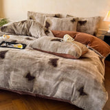 Yeknu  Thickened imitation rabbit hair carved milk fleece four-piece set winter coffee color warm fleece quilt set
