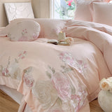 Yeknu  100% Cotton Pink Elegant Floral Embroidery Luxury Bedding Set Hidden zipper Duvet Cover Bed Sheet/Fitted Sheet Pillowcases 4Pcs