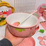 Yeknu 6.25-inch Strawberry Ramen Bowl Japanese Cute Noodle Bowl Salad Bowl Kitchen Tableware Microwave Safe Fruit Ceramic Plate