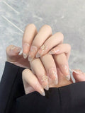 Yeknu  10pcs Handmade Almond Shaped Nail Art Pieces, Inlaid With Golden Flower Strips Detachable and reusable