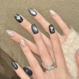 Yeknu  10Pcs Handmade Press On Nails Short Oval Black Cat Eyes Glitter Sequins Fake Nails for Lady Women Wearable Full Cover False Nail