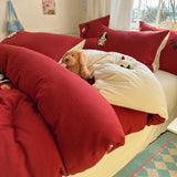 Yeknu Solid Colour embroidery Bedding Set For adults kids Ankela Red Red Flat Sheet With Pillowcases Colorful King Queen Full size