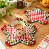 Yeknu  2Pcs,Star Shaped Gingham Drink Coaster,Classic Plaid Ruffle Cup Mat with Cherry Trim,Heat Resistant for Home Kitchen Party Decor