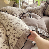 Yeknu  4-pcs Set with Linen Touch, Pure Polyester Material Ruffled Romantic Bow Design Girl Woman Bedroom Bedding Set Colored Flowers