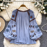Yeknu  Bohemian Heavy Embroidery Shirt Round Neck Tie Lantern Sleeve Top Female Spring And Autumn New Loose Casual Beach Top Blusas