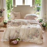Yeknu  100% Cotton Floral Embroidery Bedding Set French Ruffle Lace Duvet Cover Set Elegant Rose Comforter Cover Bed Sheet Pillowcases