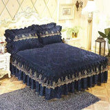 Yeknu  3pcs Set Good Quality Embossing Velvet Bed Skirt 1pc Romance Elegant Coral Fleece Bedspread Included 2pcs Pillowcase