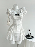 Yeknu  Elamini Sweet Polka Dot Patchwork Ruffle Petal Sleeve Bow Tie Waist Cute Mini Dress For Women