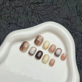 Yeknu  24Pcs Autumn Maillard Press on Nails Amber Smudge Nail Mirror Powder False Nails Short Square Nail French Tip Gradient Fake Nail