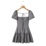 Yeknu  Jastie New Mini Women's Dress Square Neck Lace Patchwork Waist Flower Bud Dress Fashion Party Puff Sleeve Women's Dress