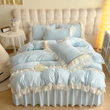 Yeknu  Romantic Lace Design Duvet Cover Set  Lace Bed Skirt King Size Washed Cotton Skin Friendly Breathable For King Size Queen Size