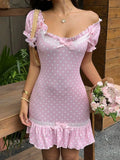 Yeknu  Sunnyshic Women's Fashion Polka Dot Print Ruffle Trim Bow Tie Dress Pink Polka Dot Dress Picnic Dress For Ladies Doll Dress For