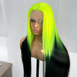Yeknu  Black with Neon Green Roots Long Silky Straight Lace Front Synthetic Wig Middle Part Ombre Colored Wigs for Women Party Cosplay