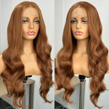 Yeknu  Ginger Brown Long Body Wave Synthetic Middle Part Natural Curly Loose Wavy Reddish Brown Heat Resistant Fiber Wigs for Women