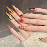 Yeknu  10pcs Handmade Long Almond Press on Nails Sweet Cool 3D Carved Petals Decor Fake Nails Wearable Detachable French False Nails