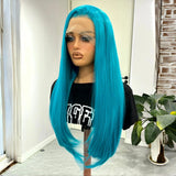 Yeknu  Long Lake Blue Straight Wig for Women Synthetic Hair Free Part Lace Front Wig Heat Resistant Fiber Wigs for Daily Party Cosplay