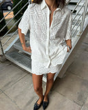 Yeknu  European And American Style Summer Women's Suit White Short-sleeved Shirt + Lace Skirt Embroidery 2-piece Set Skirt