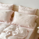 Yeknu French Style Flower Embroidered 100% Lyocell Bedding Set Pink High-end Natural Plant Fibres Duvet Cover Set Coolness Quilt Cover