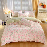 Yeknu  Cute Pink Strawberry Duvet Cover Flat Sheet Pillowcase Floral Bedding Set Girls Bed Linen Soft Thick Washed Cotton Bedclothes