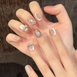 Yeknu  10pcs Handmade Short Press on Nails Sweet Cute Bow Decor Korean Fake Nail Tips Wearable Reusable Pink Cat Eye Design False Nails