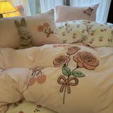 Yeknu  Korean Style Bedding Set Green Strip Black Cat Embroidery Washed Cotton  Duvet Cover Cute Cardboard  Bed linen Comforter Sets