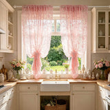Yeknu  1PC Pastoral Pink Lace Floral Embroidery Sheer Curtain for Living Room, Balcony, Kitchen, Study, Cafe Window Mesh Drape Blinds