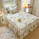 Yeknu  100%Cotton King Queen Bed Skirt Ruffle Cotton Quilted 18Inch Bed Skirt Thick Quilted Bed Cover Dustproof Bed Skirts 2Pillowcases