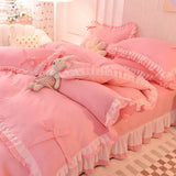 Yeknu Girls Bedding Sets Kawaii Seersucker Bed Sheet Pillowcase Fashion Princess Duvet Cover Solid Color 4 Pieces Cute Home Decoration
