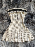 Yeknu  Women Frill Trim Polka Dot Print Contrast Lace Strapless Mini Dress