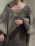 Yeknu  Spring Long Cotton Dress Women Backless Korean Ladies Dresses Loose Pleated Long Sleeve Woman Dress