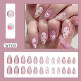 Yeknu  24Pcs Almond Press-On Nails in Pink Cat Eye with Heart & Strawberry Designs – Glossy Acrylic Stick-On Nails for Women & Girls