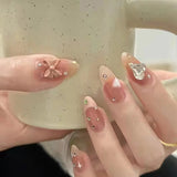 Yeknu  24pcs Bow Press on Nail Heart-shaped Diamond Artificial Fake Nails Seamless Removable False Nail