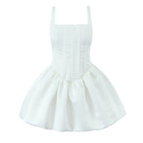 Yeknu  Summer New Women's Square Neck Sling Fishbone Slim Fit Puffy Dress White Elegant Sling Dress