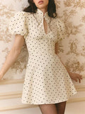 Yeknu  Retro Polka Dot Puff Sleeve Mini Dress Lady Elegant Stand Collar Waist Cinching A-line Short Dresses New Women Party Robes