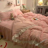 Yeknu  Pink Ruffled Seersucker Duvet Cover Set 3/4pcs Soft Lightweight Down Alternative Grey Bedding  with Bed Skirt and Pillowcases
