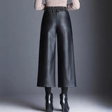 Yeknu  Plus Size Pu Faux Wide Leg Ankle-length Pants Women Baggy Black Shiny High Waist Womens Loose Pant Korean Trousers