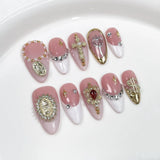 Yeknu  10pcs Gentle Sweet Cool Fake Nails Handmade French Pearl Rhinestone Stick on Nails Shell Relief Cross Press Ons Almond Nails Art