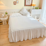 Yeknu 4Pcs White Korean Princess Style 100% Cotton Bedding Set Double Layer Lace Ruffles Duver Cover Bed Skirt Bedspread Pillowcases