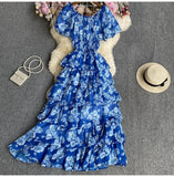 Yeknu  Retro Floral Print Chiffon Dress Women Summer Bubble Short Sleeve Slim Holiday Boho Dresses Multi-layered Ruffle Long Cake Dress