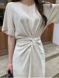 Yeknu  Summer Long Dress Women Irregular Pleated Fashion Short Sleeve Ladies Dresses Korean Style Loose Ruffle Woman Dress