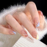 Yeknu  24 PCs Short French Minimalist Geometry Nails with 1 Jelly Gel and 1 Nail File