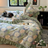 Yeknu Nordic Bedding Sets 100% Cotton Floral Flat Bed Sheet Set 2 Pillowcases Skin-Friendly Queen King Double Size Bed Linen Set