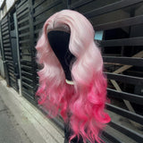 Yeknu  Long Pink Ombre Wig  Body Wave Synthetic Hair Middle Part 13X4 Curly Wavy Light Pink Highlight Gradient Colored Wigs for Women
