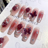 Yeknu  Gradient Blue Fake Nails with Flower Crystal Design Glitter Fake Nails for Lady Girls Christmas Gifts Artificial Nails Handmade