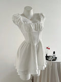 Yeknu  Elamini Vintage French Style Square Neck Waist Shaping Two-Tier Puff Dress