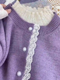 Yeknu  Women Purple Knit Cardigan Luxury Sweater Harajuku Vintage Korean Y2k Lace Patchwork Cashmere Sweater Jumper 2000s Clothes