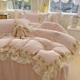 Yeknu  New INS Princess Style Bedding Sets Ruffle Lace Bow Quilt Cover Romantic Bedclothes Woman Girls Bedroom Duvet Cover 4pcs