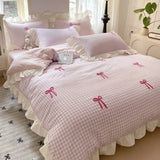 Yeknu  Spring and summer new Korean lace bow four-piece princess style lace washed cotton girl heart pink