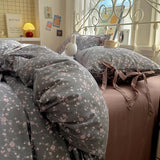 Yeknu  Small flower bow four piece set, soft and skin friendly cotton linen double bed duvet set, dormitory three piece set